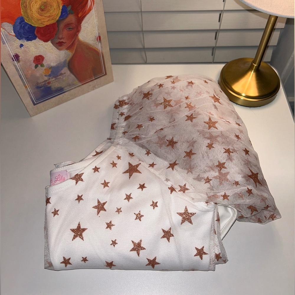 PINK LILY ITS MY TURN IVROY STAR PRINT MESH SLEEVE BODYSUIT
